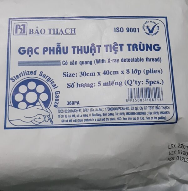 Gạc phẫu thuật 30 x 40 cm (8 lớp) (Gạc lớn vô khuẩn) :goi/5 miếng cản quang tiệt trùng