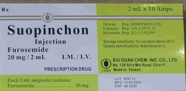 Suopinchon ( Furosemid 20mg/2ml) (H/ 10 ông (Thuốc lợi tiểu trị cao huyết áp, phù)