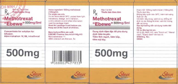 Methotrexat Ebewe 500 mg/5 ml H/1 lọ Dung dịch tiêm