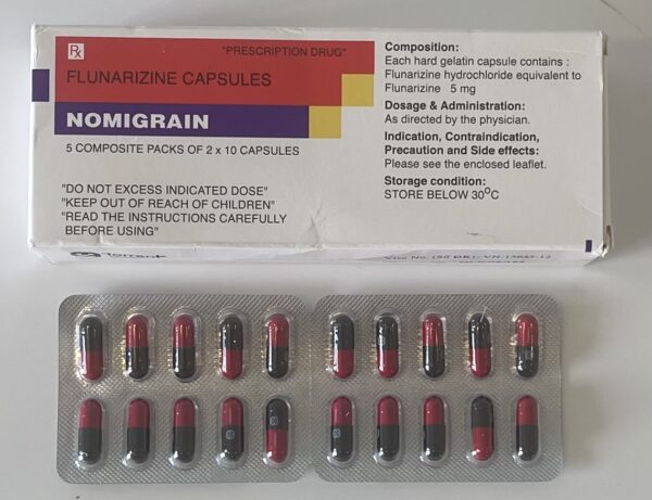 Nomigrain (Flunarizine 5mg) H/100  viên ( trị đau nửa đầu, và choáng váng.