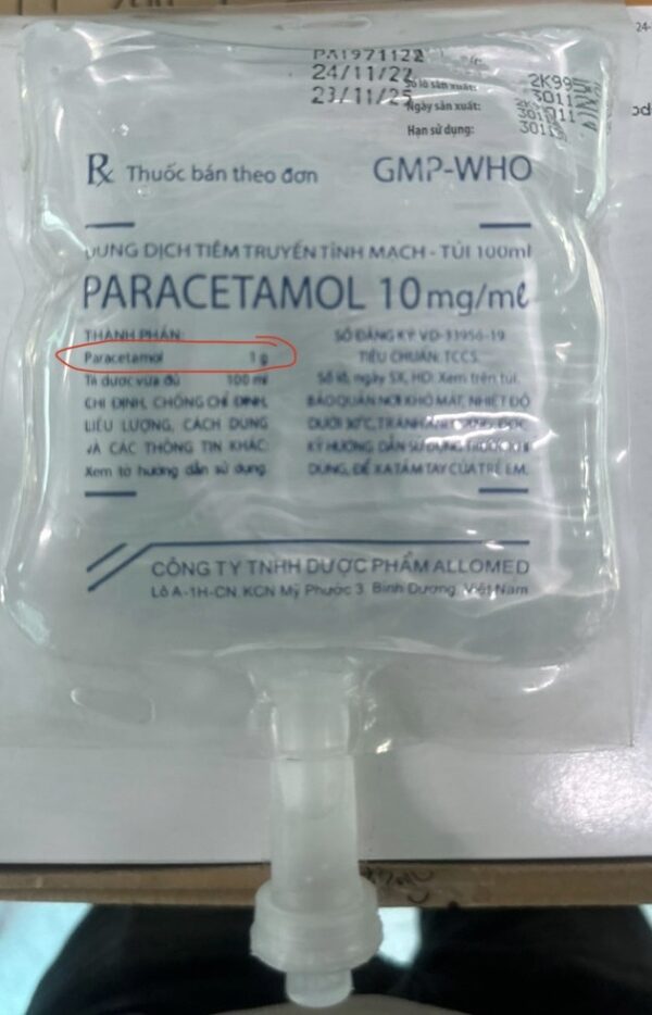 DUNG DỊCH TIÊM TRUYỀN PARACETAMOL Allomed 1000MG thùng/48 túi